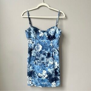 Vintage Floral Blue Denim Dress Women's Small Sweetheart Country Western Prairie